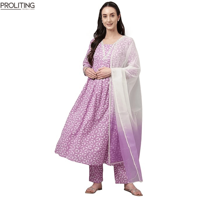 FloraStyle Women’s Pure Cotton Flared Kurta Set with Dupatta