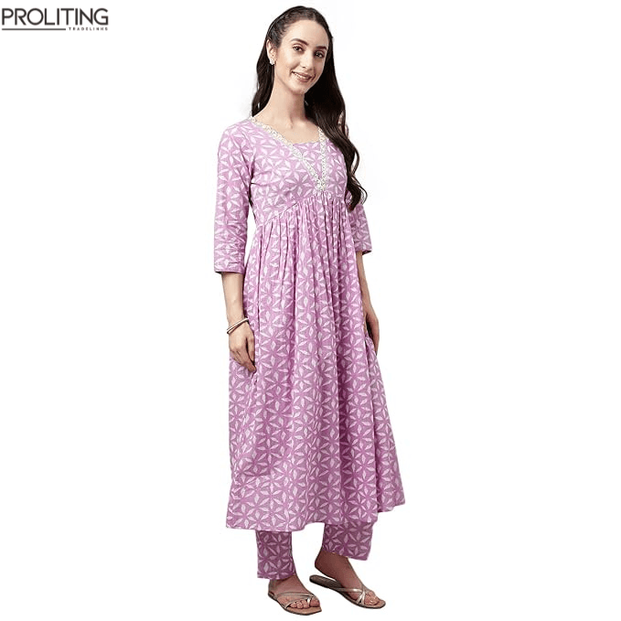 FloraStyle Women’s Pure Cotton Flared Kurta Set with Dupatta