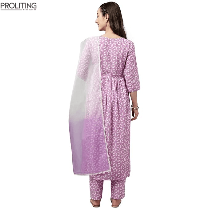 FloraStyle Women’s Pure Cotton Flared Kurta Set with Dupatta