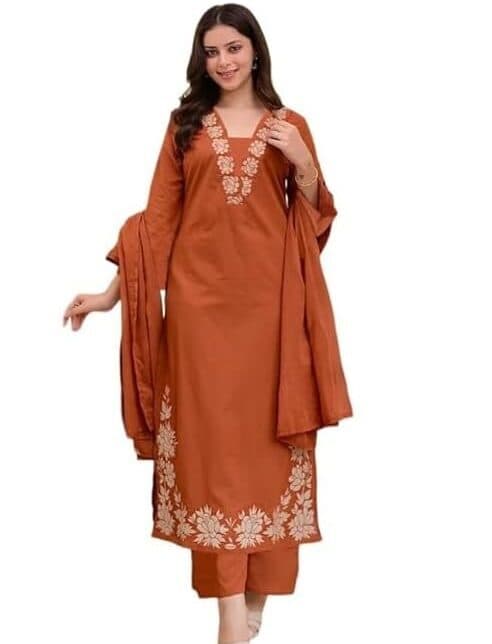 Vastrika Women’s Cotton Printed Festive Kurta Set with Salwar & Dup...