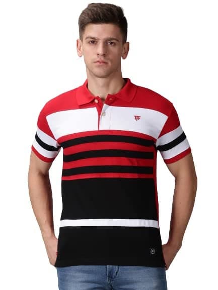 Velmora Men’s Red & White Striped Cotton Polo T