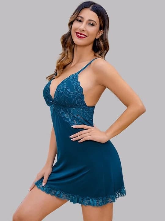 Velmora Women’s Satin Lace Trim Chemise Nightdress