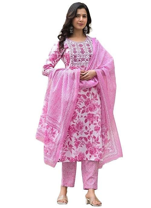 EthniQ Women’s Crepe Straight Kurti with Skirt & Dupatta
