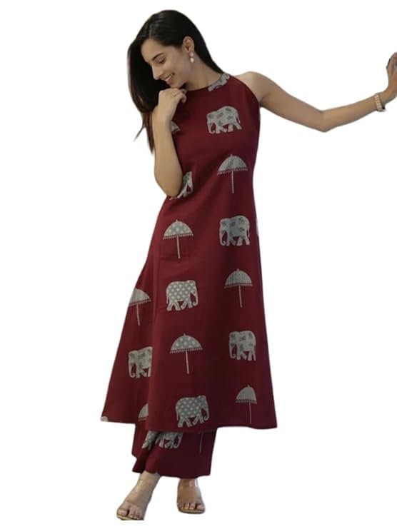 Velmora Women’s Maroon Cotton Co-Ord Kurta Set