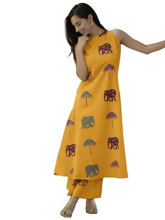 Velmora Women’s Yellow Cotton Co-Ord Kurta Set