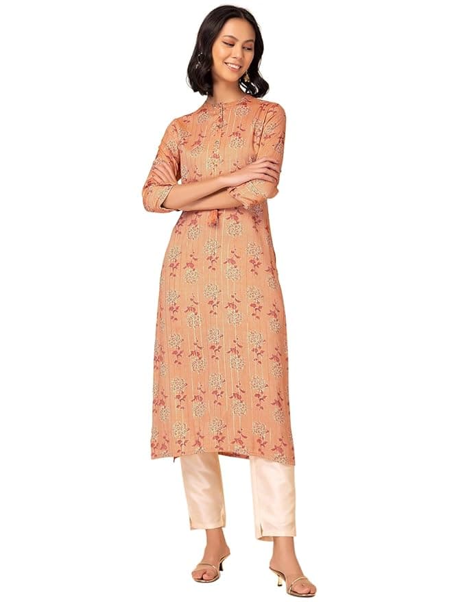 Zyra Women’s Peach Rayon Cotton Kurta