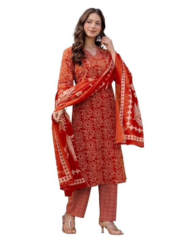 FloraStyle Women’s Pure Cotton Flared Kurta Set with Dupatta