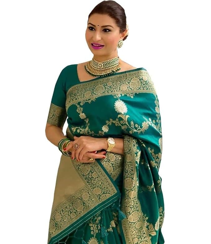 Velmora Women’s Teal Cotton Silk Banarasi Saree