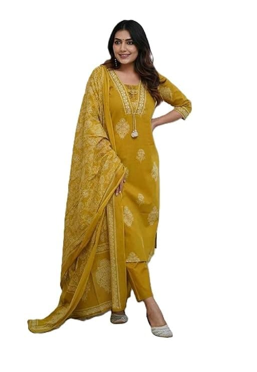 LuxeAura Women’s Mustard Silk Cotton Kurta Set