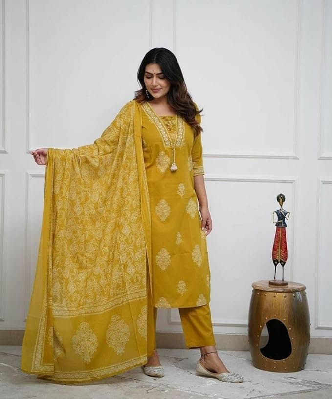 LuxeAura Women’s Mustard Silk Cotton Kurta Set
