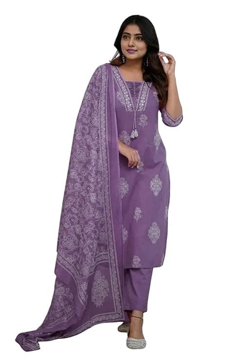 IndiBloom Women’s Purple Cotton Printed Kurta Set