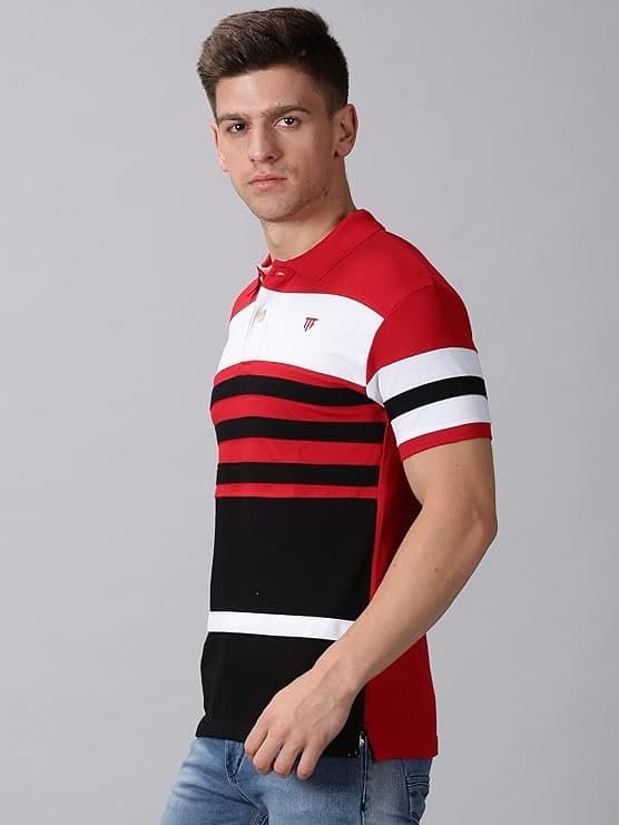 Velmora Men’s Red & White Striped Cotton Polo T