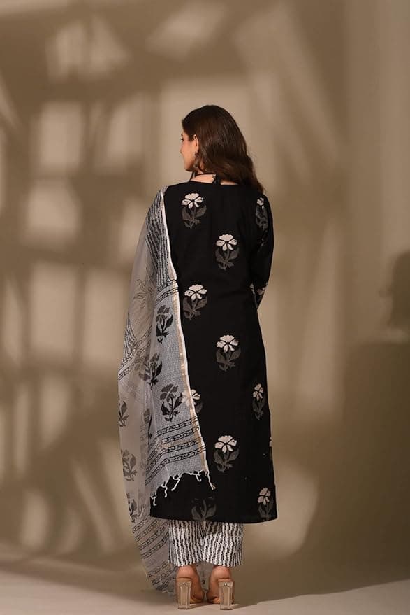 FloraStyle Women’s Black Floral Printed Kurta Pant Set with Dupatta