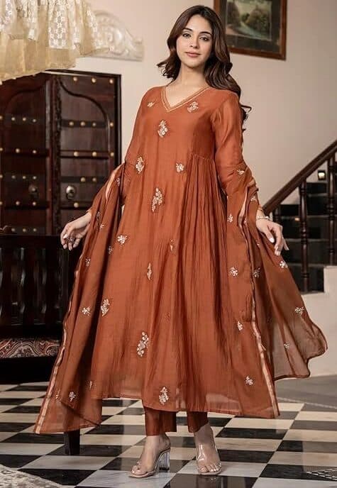 LuxeAura Women’s Orange Embroidered Anarkali Kurta Set