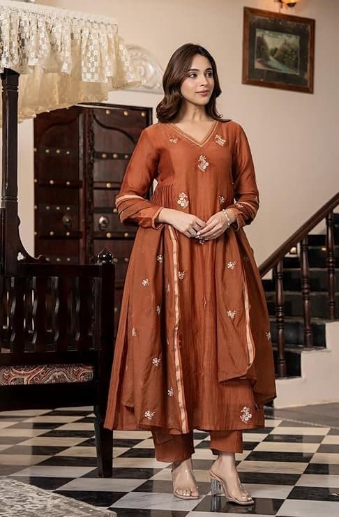 LuxeAura Women’s Orange Embroidered Anarkali Kurta Set