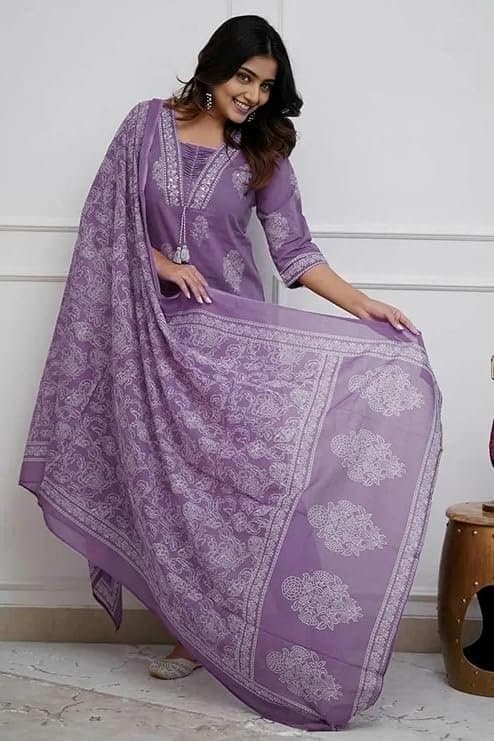 IndiBloom Women’s Purple Cotton Printed Kurta Set