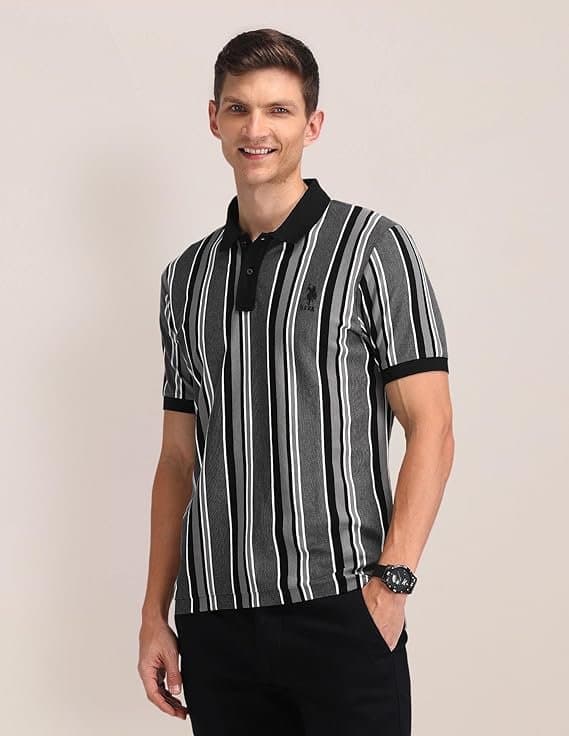 Velmora Men’s Blue Striped Cotton Polo T