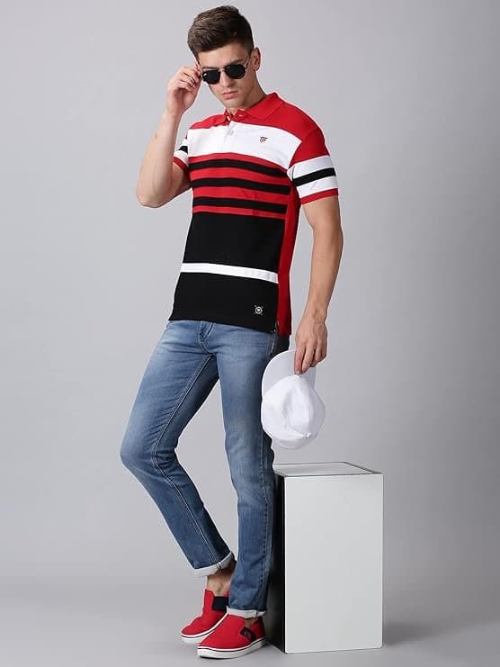 Velmora Men’s Red & White Striped Cotton Polo T