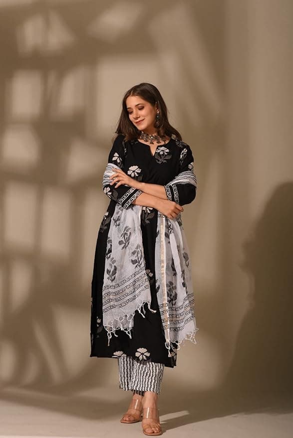 FloraStyle Women’s Black Floral Printed Kurta Pant Set with Dupatta