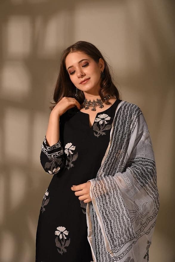 FloraStyle Women’s Black Floral Printed Kurta Pant Set with Dupatta