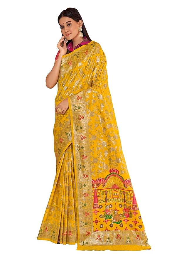 Zyra Women’s Yellow Kanjivaram Semi Silk Saree