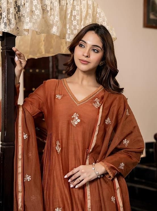 LuxeAura Women’s Orange Embroidered Anarkali Kurta Set