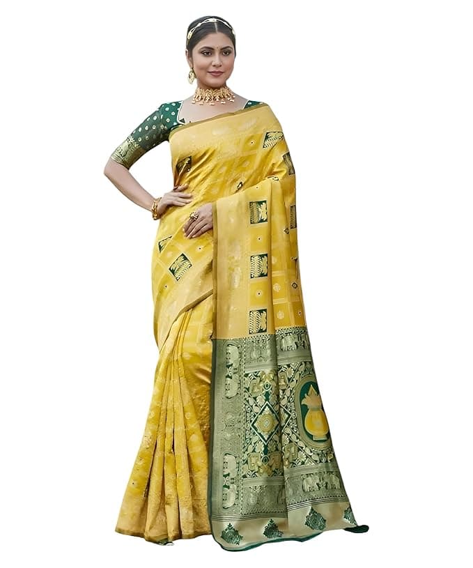 Zyra Women’s Yellow Fandy Silk Saree