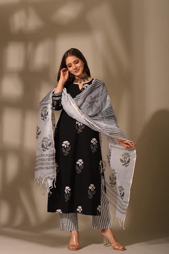 FloraStyle Women’s Black Floral Printed Kurta Pant Set with Dupatta