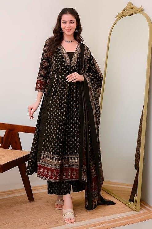 LuxeAura Women’s Black Printed Anarkali Kurta Set
