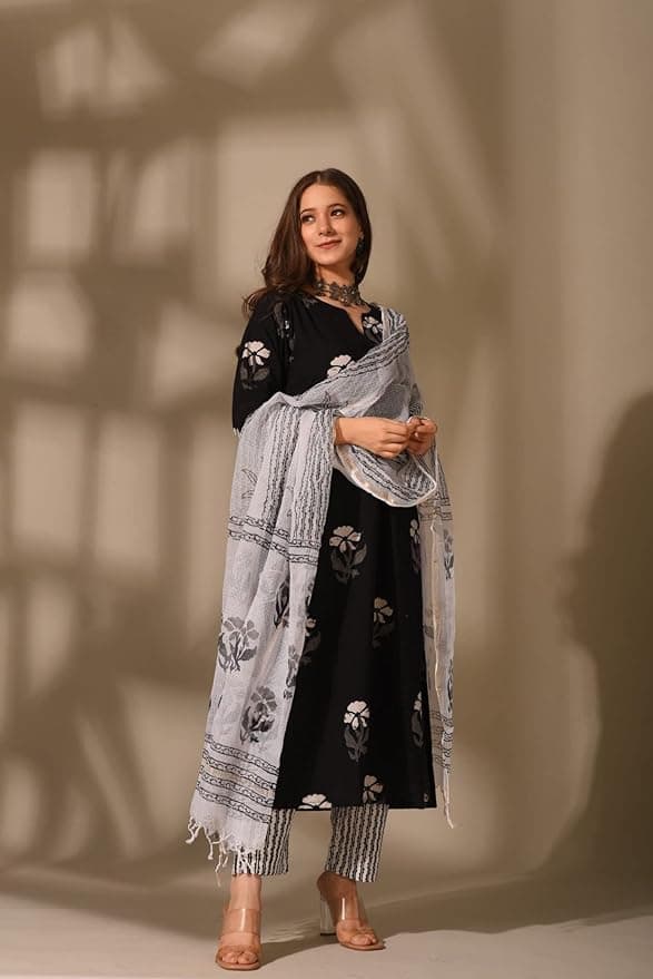 FloraStyle Women’s Black Floral Printed Kurta Pant Set with Dupatta