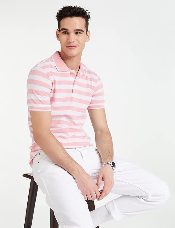 ZMode Men’s Peach Striped Cotton Polo T