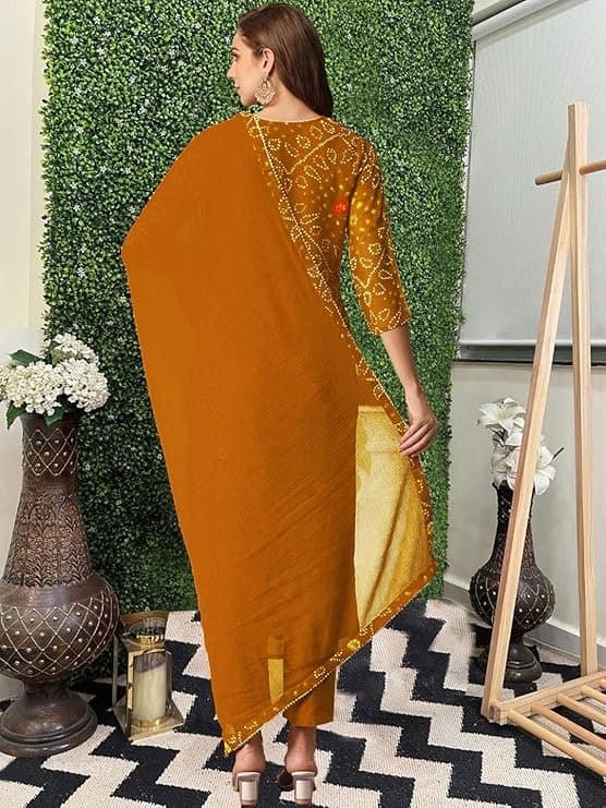 Zyra Women’s Mustard Bandhej Printed Kurta Set