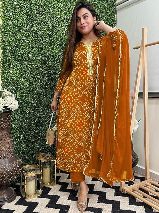 Zyra Women’s Mustard Bandhej Printed Kurta Set