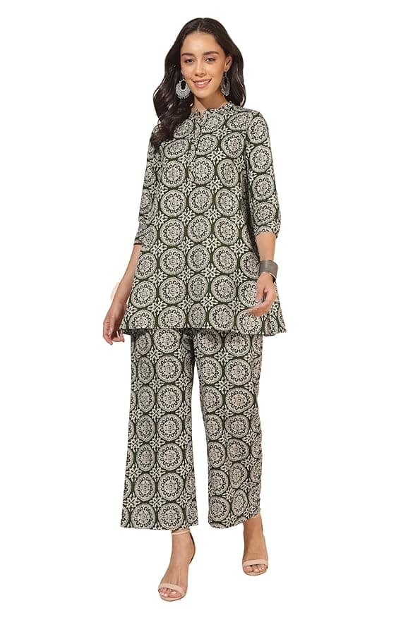 Velmora Women’s Olive Ethnic Motif Cotton Co-ord Set