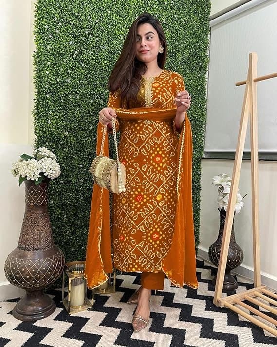 Zyra Women’s Mustard Bandhej Printed Kurta Set