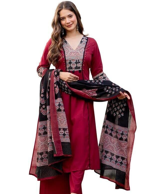 Chandrika Women’s Chanderi A-Line Kurta Set with Pants & Dupatta