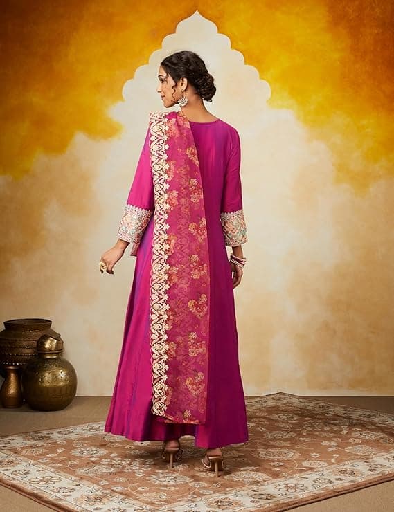 Zariya Women’s Straight Embroidered Kurta Set with Organza Dupatta