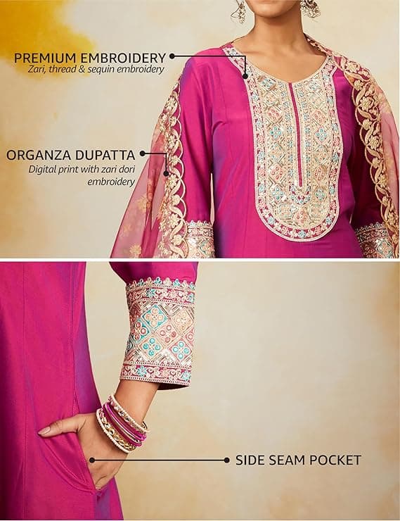 Zariya Women’s Straight Embroidered Kurta Set with Organza Dupatta