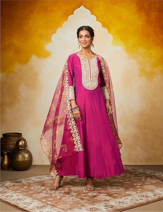 Zariya Women’s Straight Embroidered Kurta Set with Organza Dupatta