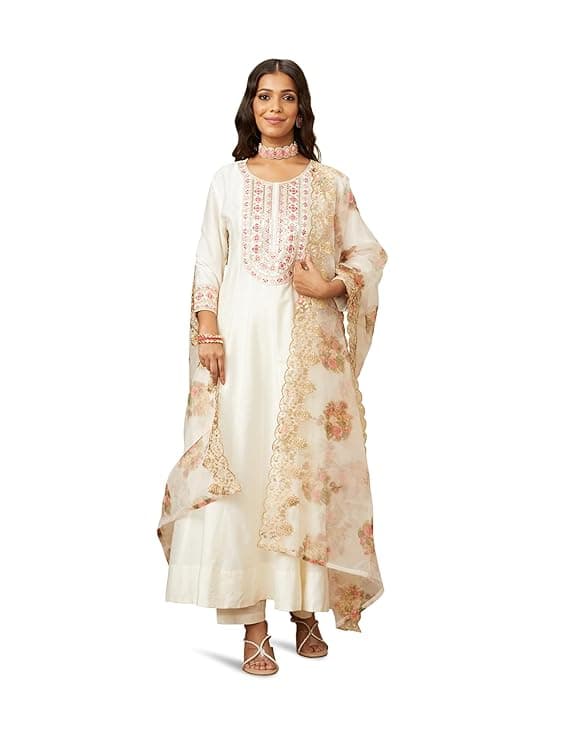 Zariya Women’s Straight Embroidered Kurta Set with Organza Dupatta