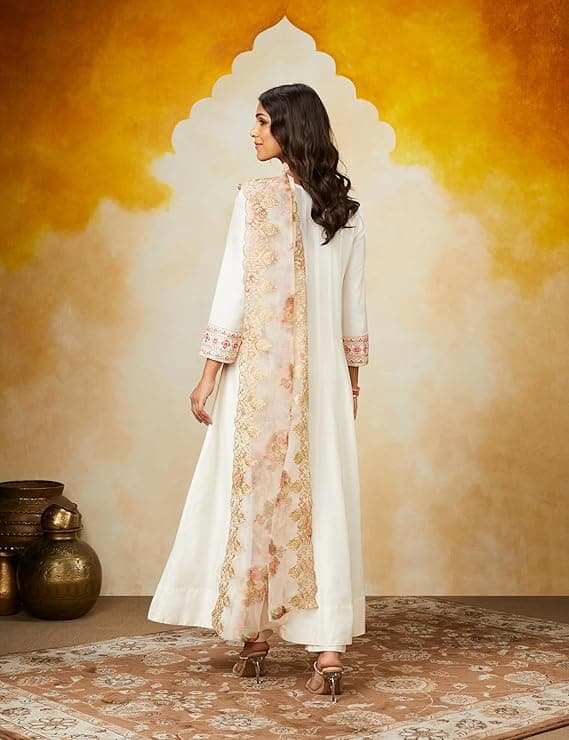 Zariya Women’s Straight Embroidered Kurta Set with Organza Dupatta