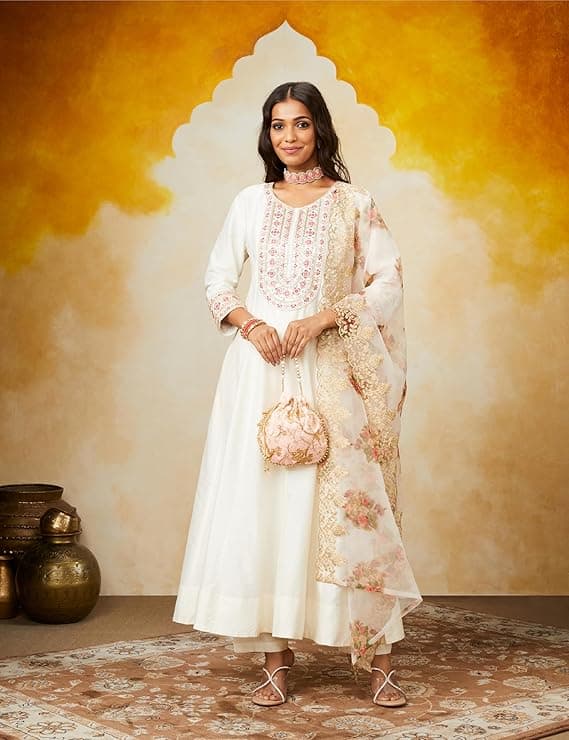 Zariya Women’s Straight Embroidered Kurta Set with Organza Dupatta