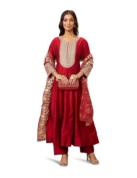 Zariya Women’s Straight Embroidered Kurta Set with Organza Dupatta
