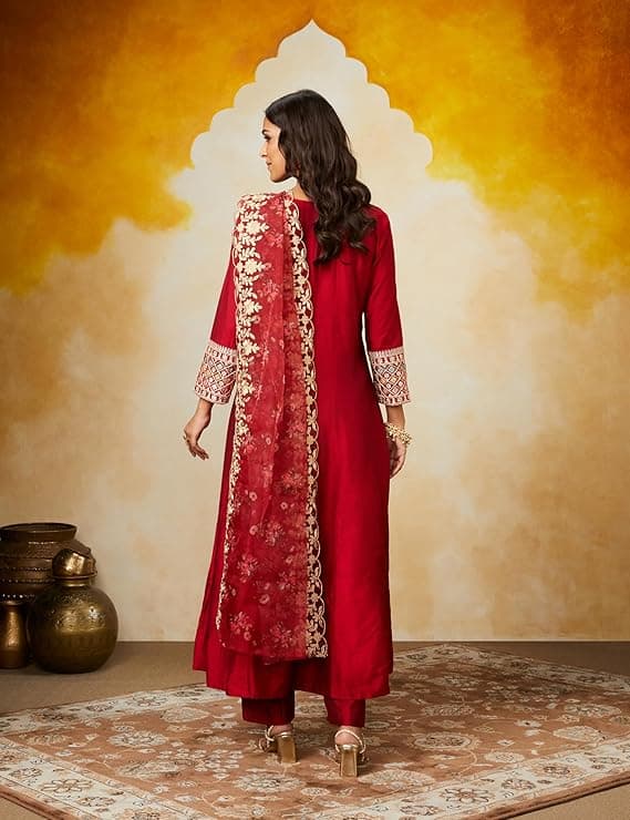 Zariya Women’s Straight Embroidered Kurta Set with Organza Dupatta
