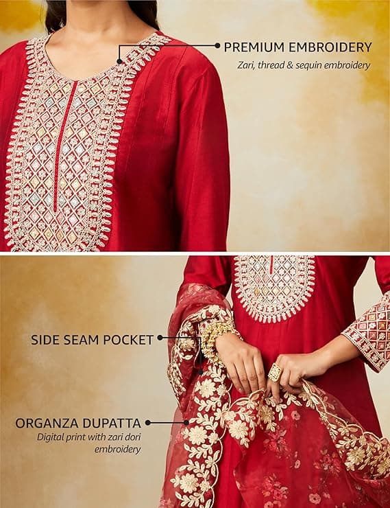 Zariya Women’s Straight Embroidered Kurta Set with Organza Dupatta