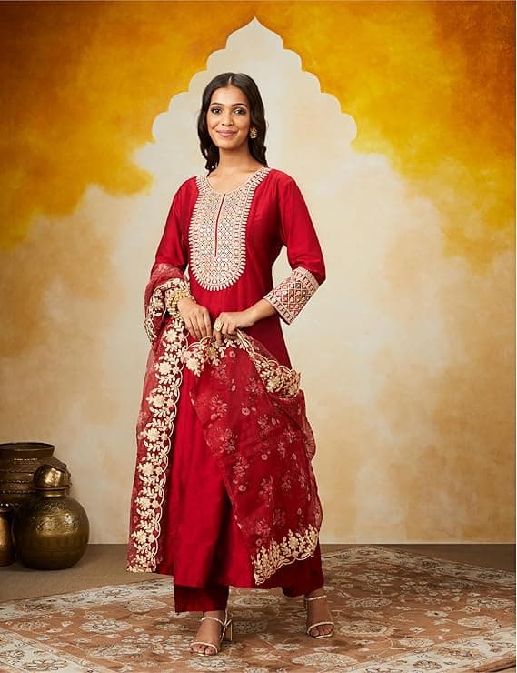 Zariya Women’s Straight Embroidered Kurta Set with Organza Dupatta