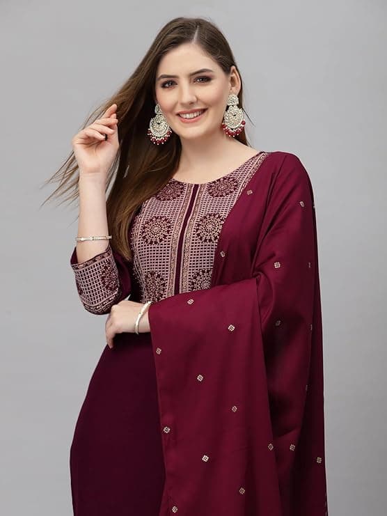 EthniQ Women’s Viscose Embroidered Kurta Pant Set with Dupatta