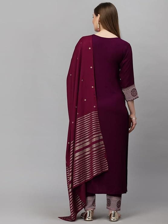 EthniQ Women’s Viscose Embroidered Kurta Pant Set with Dupatta