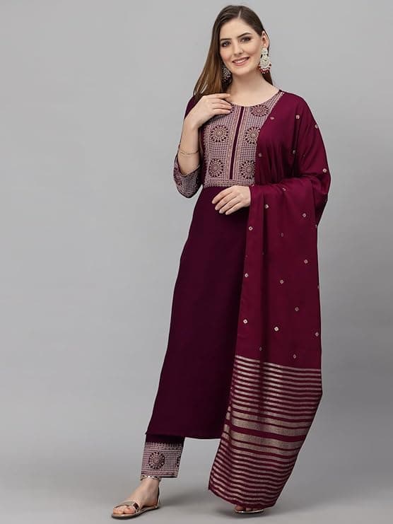 EthniQ Women’s Viscose Embroidered Kurta Pant Set with Dupatta
