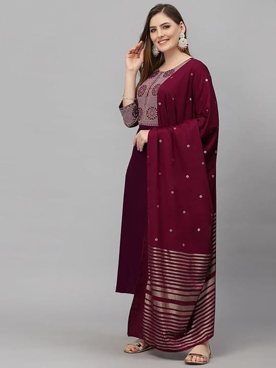 EthniQ Women’s Viscose Embroidered Kurta Pant Set with Dupatta